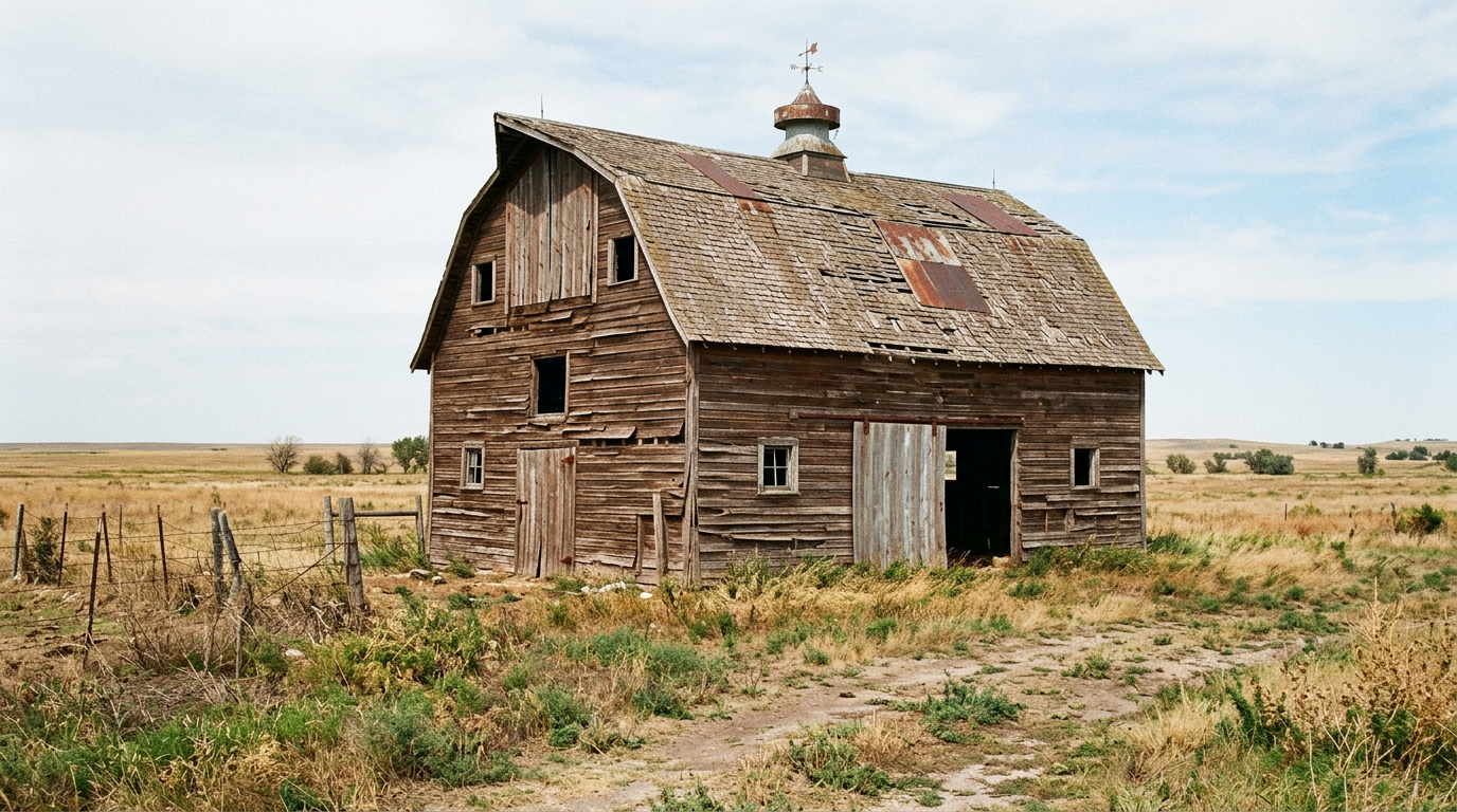 BEFORE: An unpainted barn in Nebraska. Shameful.